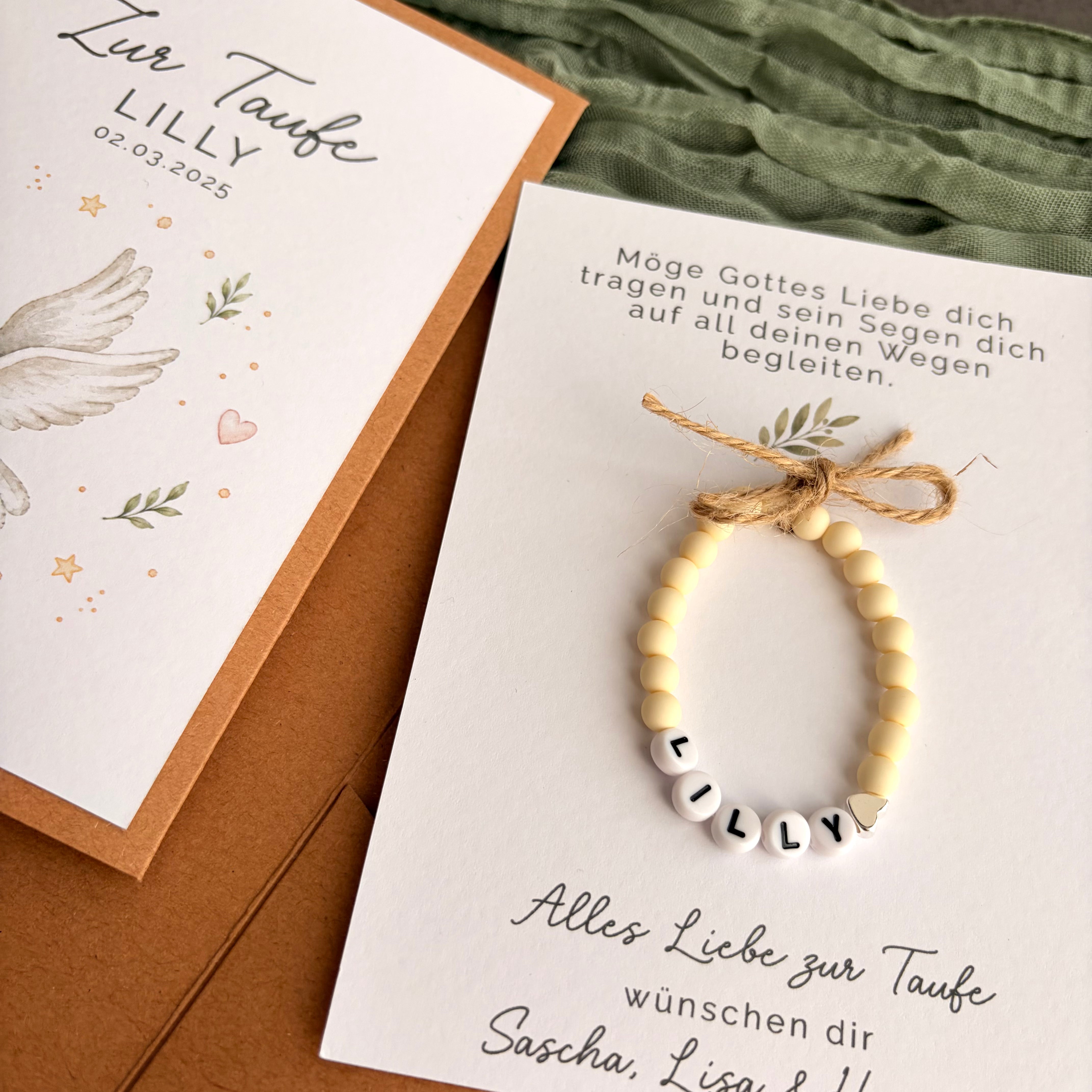 Taufgeschenk mit Perlenarmband im Pocketfold - Taube - Detailansicht 7