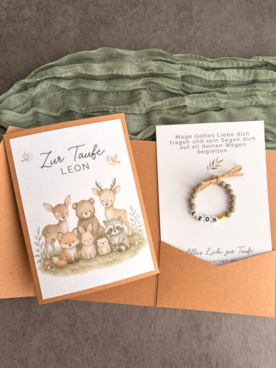 Taufgeschenk mit Perlenarmband im Pocketfold - Waldtiere - Produktansicht