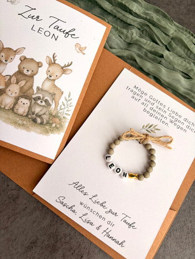 Taufgeschenk mit Perlenarmband im Pocketfold - Waldtiere - Detailansicht 1