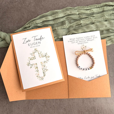 Taufgeschenk mit Perlenarmband im Pocketfold - Kreuz - Produktansicht