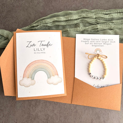 Taufgeschenk mit Perlenarmband im Pocketfold - Regenbogen - Produktansicht