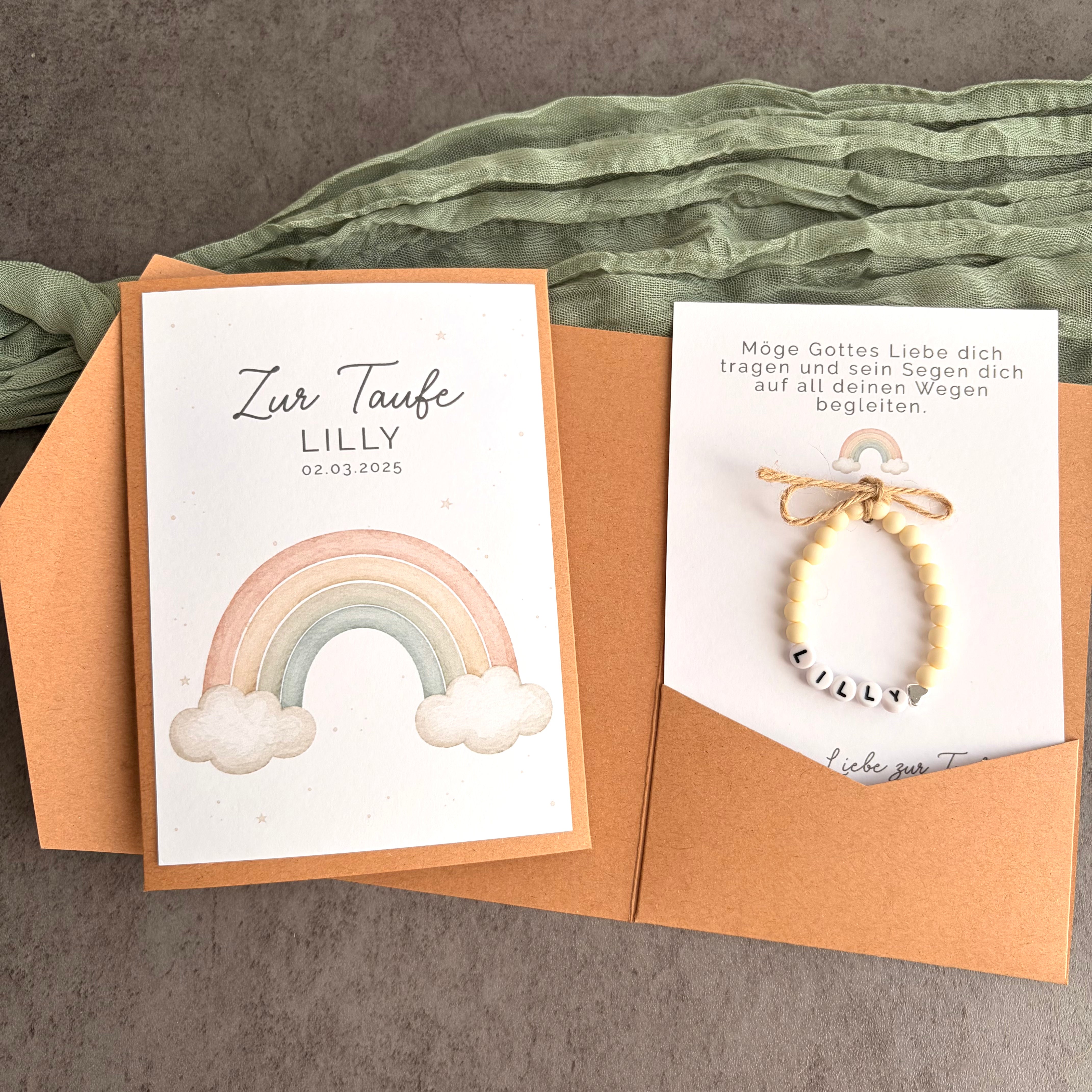 Taufgeschenk mit Perlenarmband im Pocketfold - Regenbogen - Produktansicht