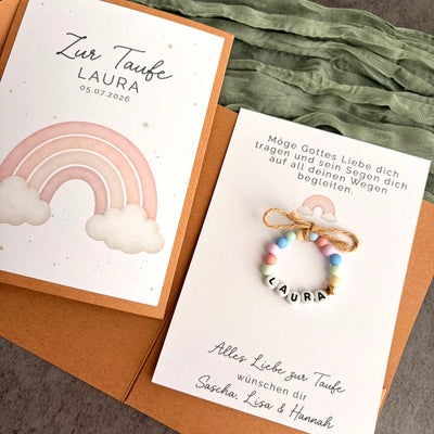 Taufgeschenk mit Perlenarmband im Pocketfold - Regenbogen Rosa - Detailansicht 1