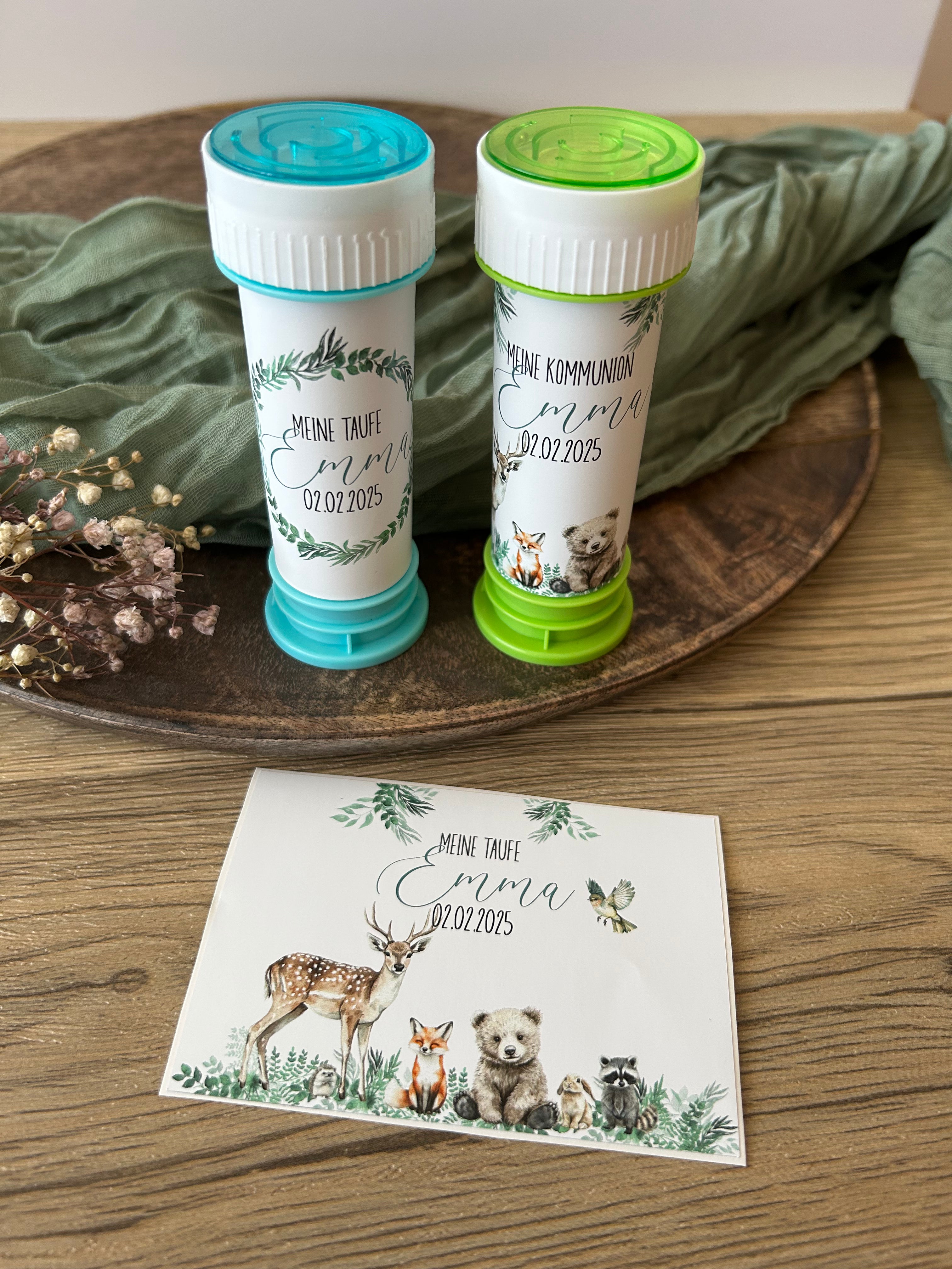 Waldtiere | Gastgeschenk Taufe | Personalisierte Seifenblasen