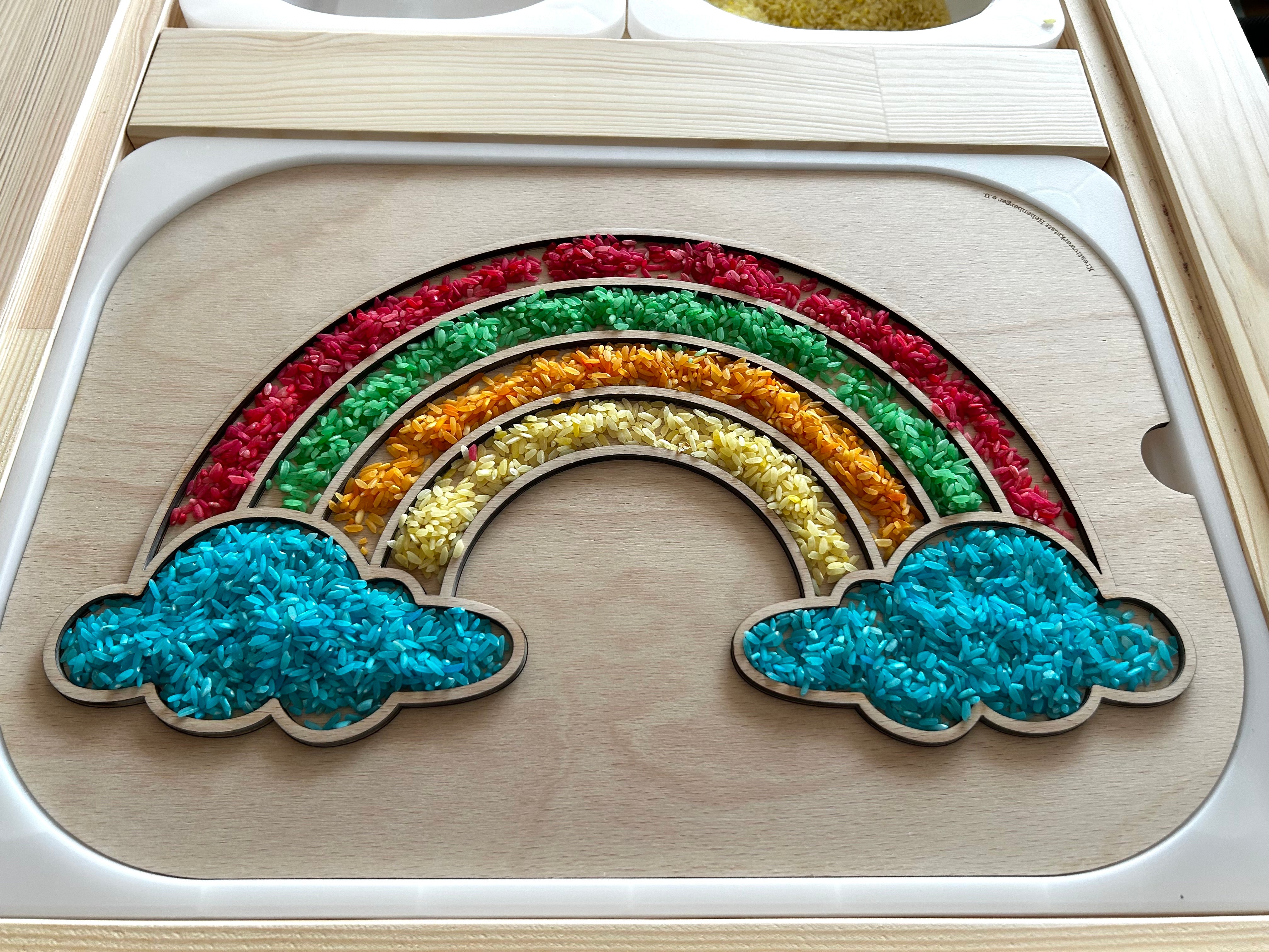 Regenbogenplatte befüllbar Montessori aus Holz – Sensorikspiel für Kinder | Trofast kompatibel | Feinmotorik fördern | Aktivitätsplatte (Kopie)