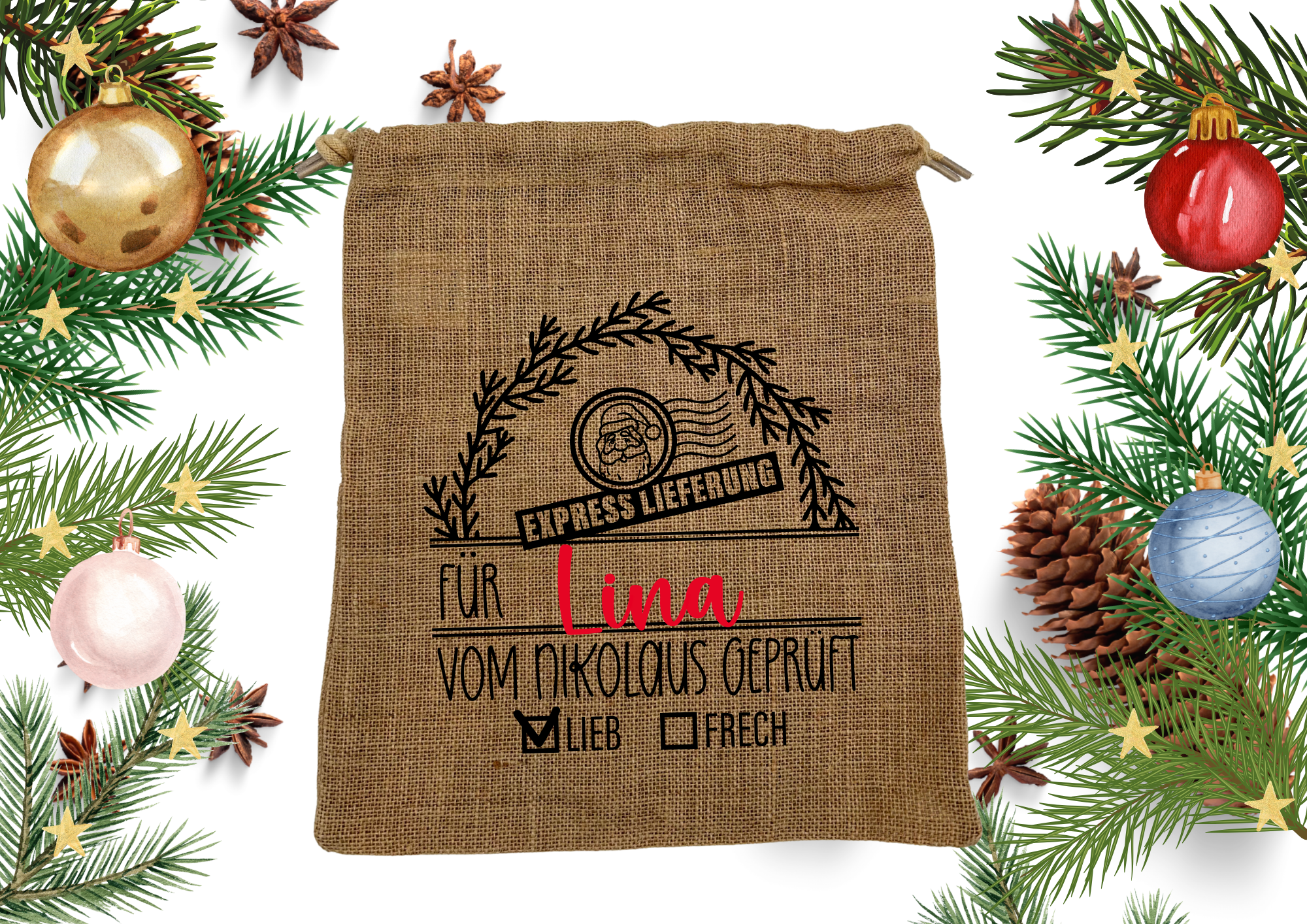 Personalisiertes Nikolaus Säckchen aus Baumwolle/Jute – Geschenkbeutel für Kinder – Nachhaltige Verpackung – Nikolausbeutel mit Name
