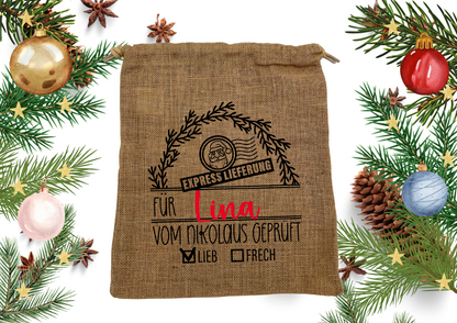 Personalisiertes Nikolaus Säckchen aus Baumwolle/Jute – Geschenkbeutel für Kinder – Nachhaltige Verpackung – Nikolausbeutel mit Name