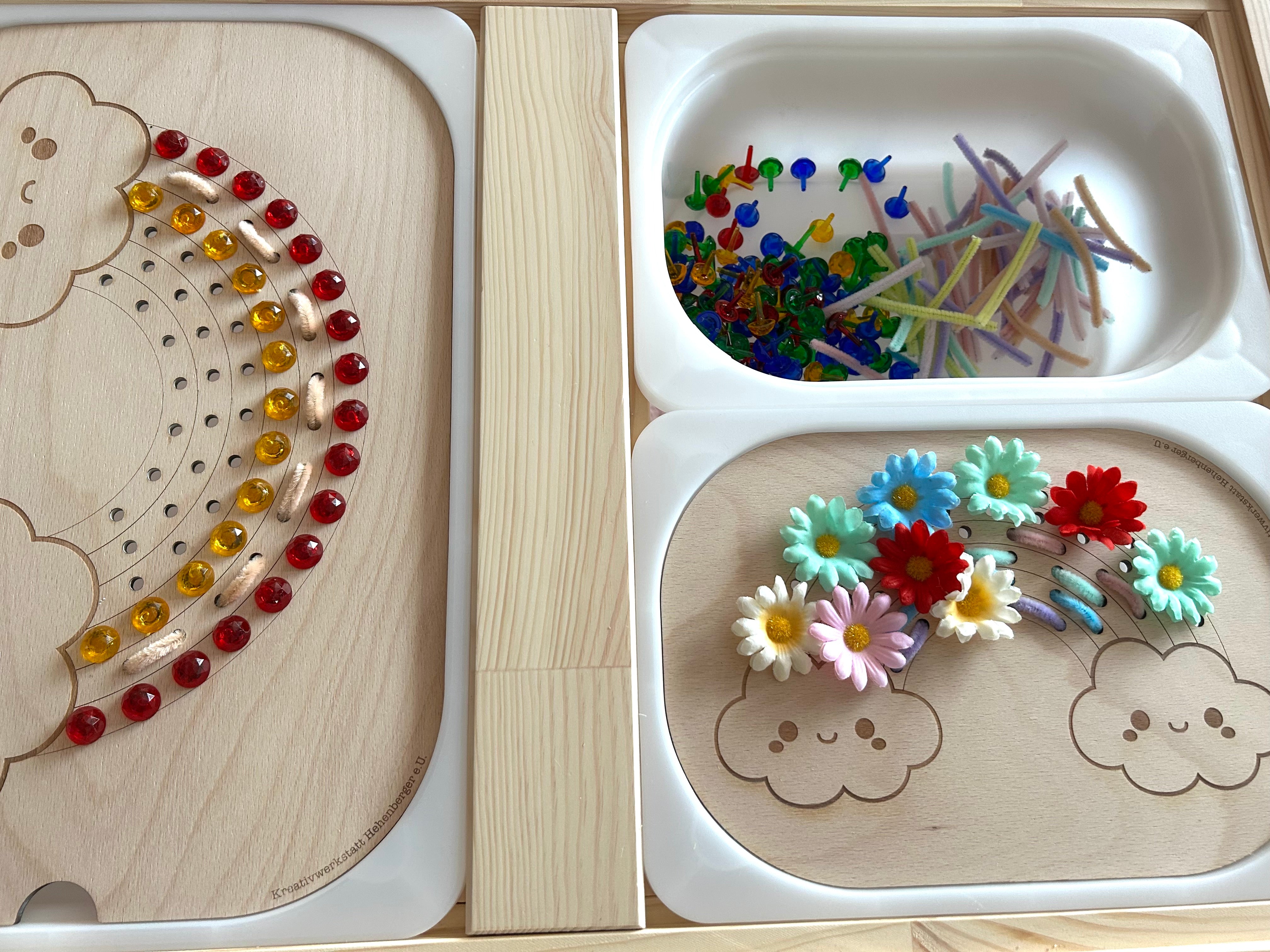 Regenbogenplatte Montessori aus Holz – Sensorikspiel für Kinder | Trofast kompatibel | Feinmotorik fördern | Aktivitätsplatte