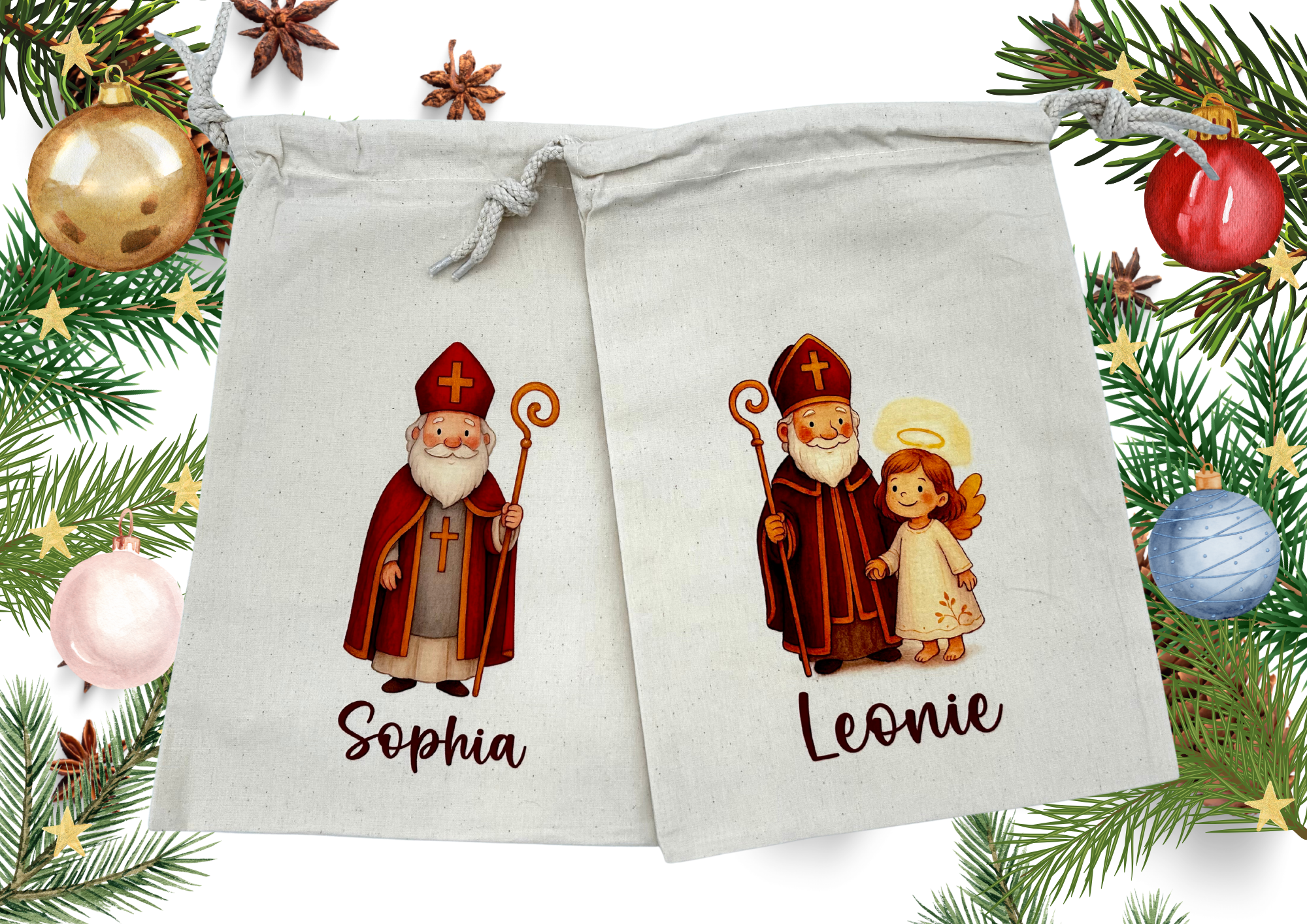 Personalisiertes Nikolaus Säckchen aus Baumwolle/Jute – Geschenkbeutel für Kinder – Nachhaltige Verpackung – Nikolausbeutel mit Name