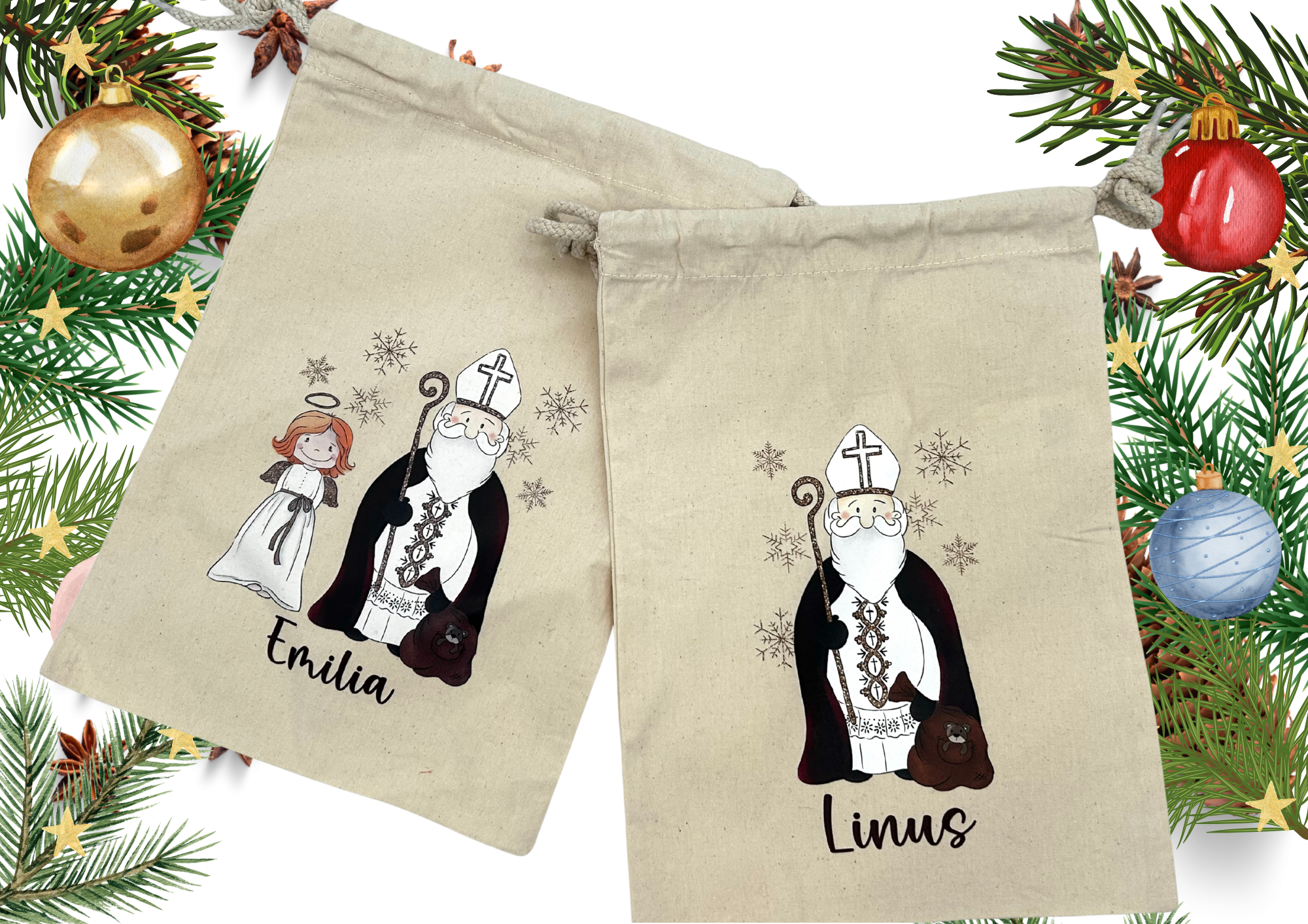 Personalisiertes Nikolaus Säckchen aus Baumwolle/Jute – Geschenkbeutel für Kinder – Nachhaltige Verpackung – Nikolausbeutel mit Name