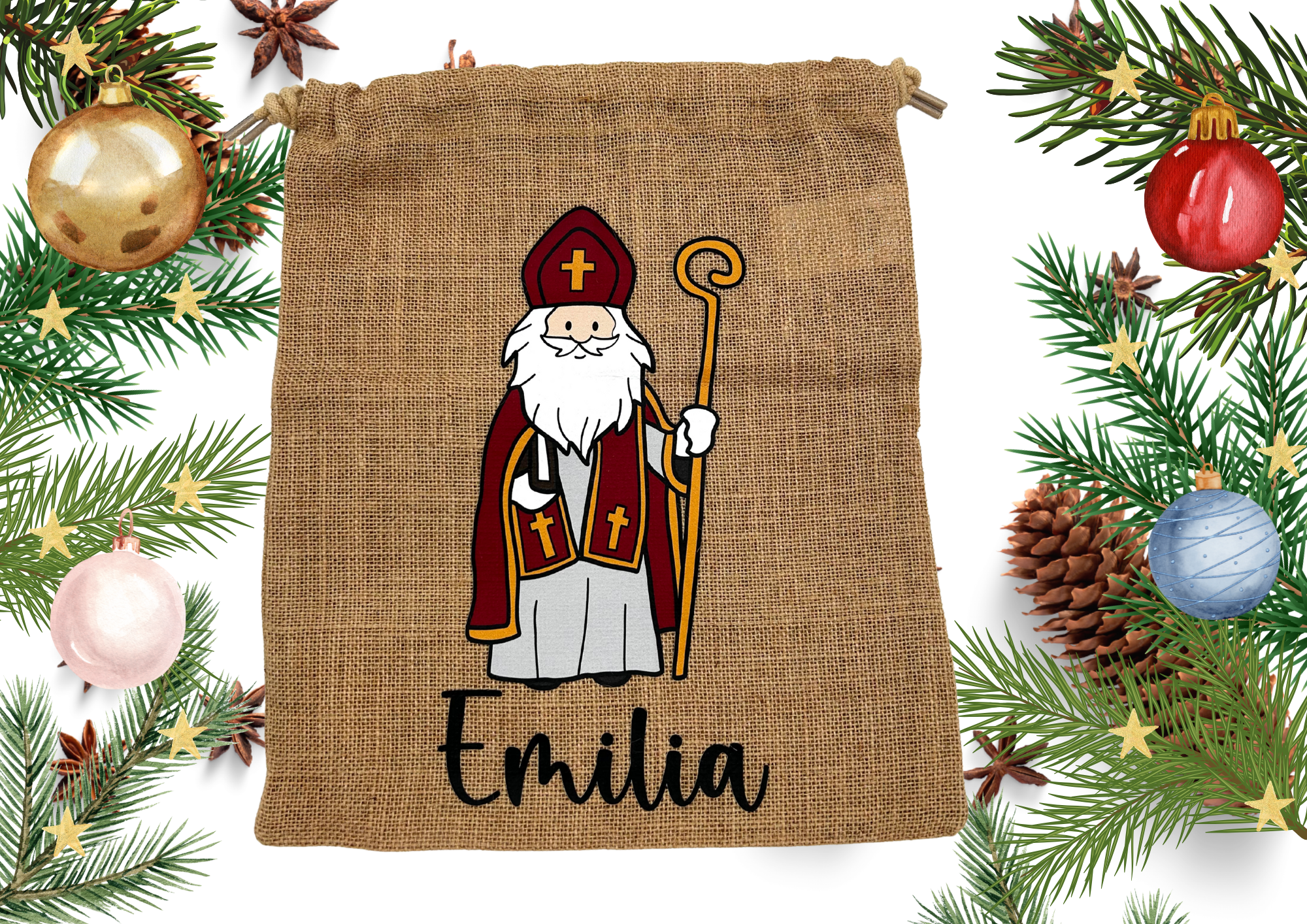 Personalisiertes Nikolaus Säckchen aus Baumwolle/Jute – Geschenkbeutel für Kinder – Nachhaltige Verpackung – Nikolausbeutel mit Name