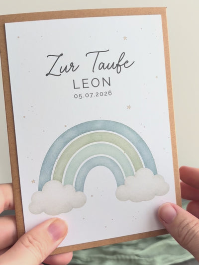 Taufgeschenk mit Perlenarmband im Pocketfold - Regenbogen Blau